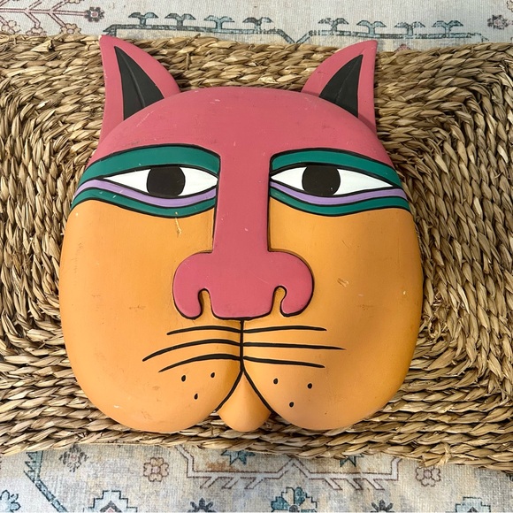 Vintage Laurel Burch Cat Mask Wood Tribal Face Hanging Wall Decor Hand Painted - Picture 1 of 6